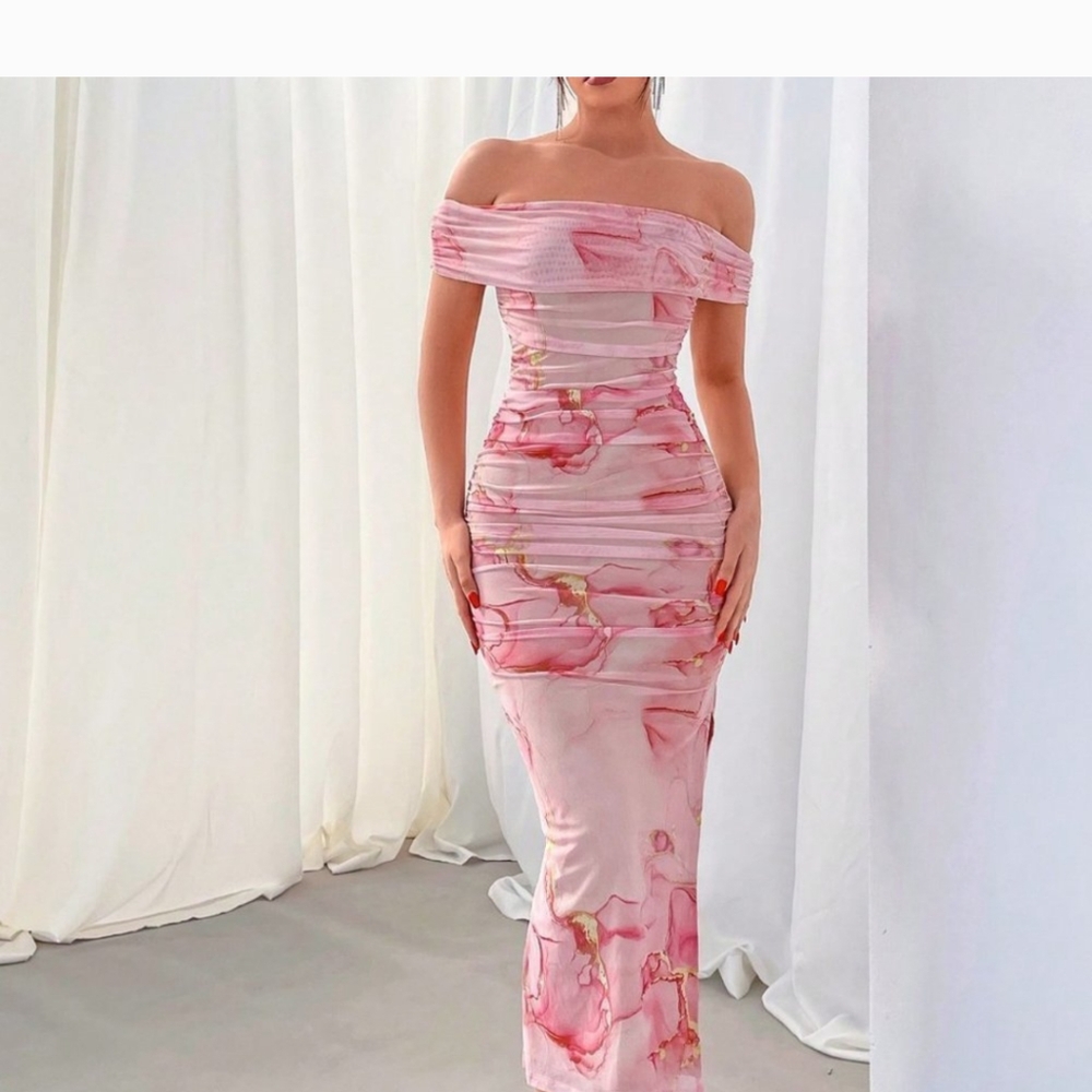 PSA Pink Boho Women's Valentine's Day Floral Print Off-Shoulder Mesh Maxi Dress